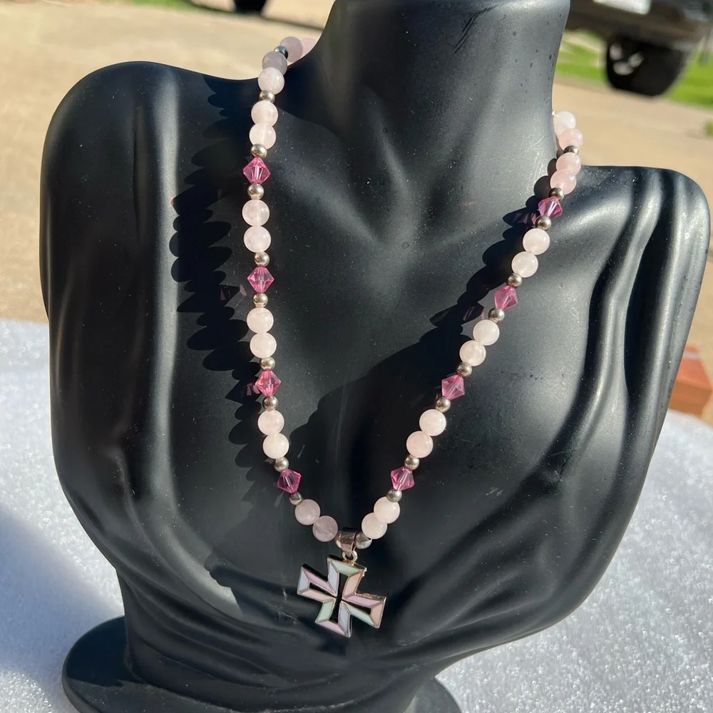 Vintage Handmade Crystal Natural Stone Mother of Pearl Pearlized Cross Necklace
